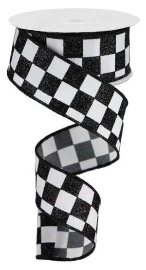 1.5"x10yd Glitter Check, White/Black  FF91