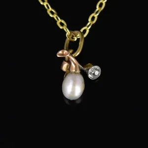 Antique Edwardian 14K Gold Diamond Pearl Charm Pendant Necklace