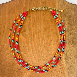 Aztec Seed Beaded Layered Choker Necklace in Red Multicolor