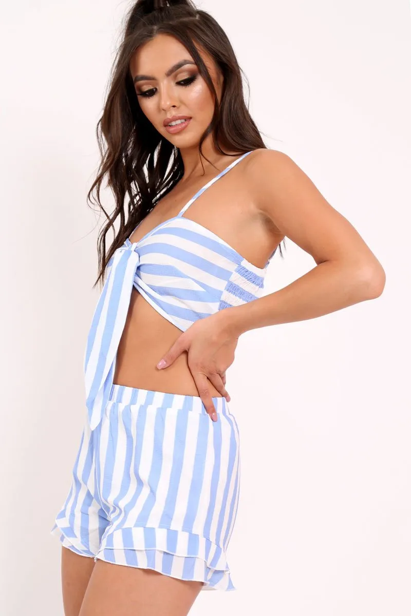 Blue And White Striped Crop Top And Shorts Co-ord - Freida