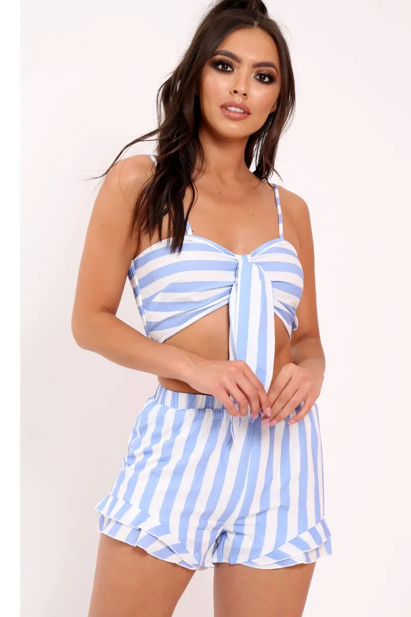 Blue And White Striped Crop Top And Shorts Co-ord - Freida