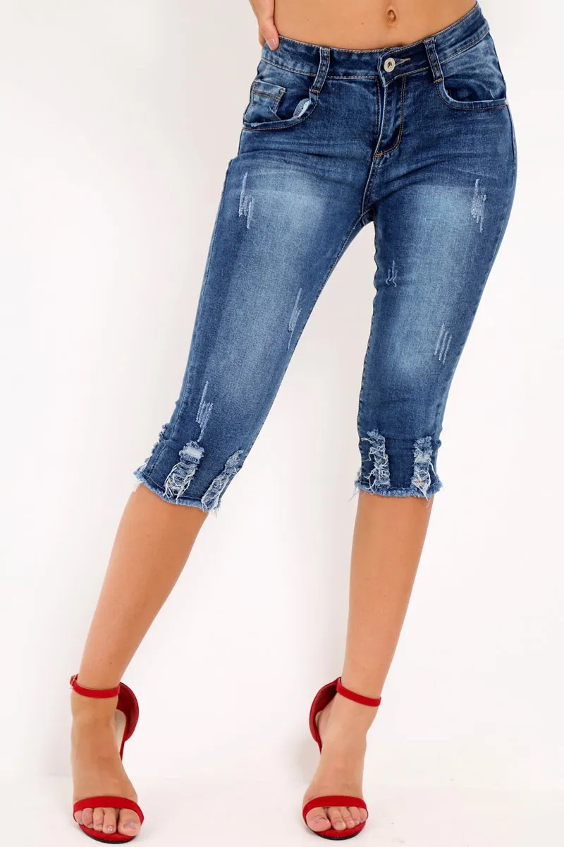 Blue Distressed Cropped Leg Shorts - Cora