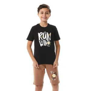 Boys Printed Colorful Summer & Shorts Pajama Set - Black & Café