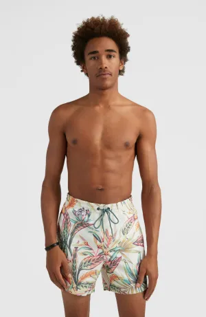 Cali Print 15'' Swim Shorts | White Tropical Flower