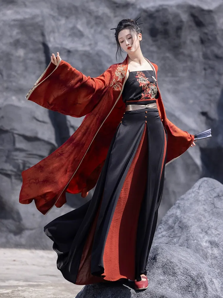 Modern horse-faced skirt from Song Dynasty | Hanfu red & black skirt