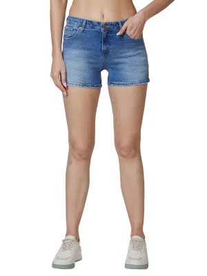 Spykar Mid Rise Blue Shorts For Women