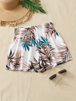 Stylish Tropical Shorts  Shirred Waist Summer Shirts for Women