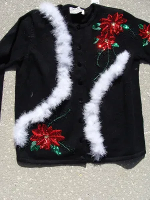 Ugly Christmas Sweater Cardigan with Red Green Poinsettias