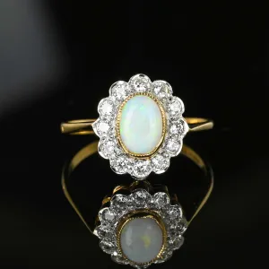 Vintage Diamond Halo Cluster Opal Ring in Gold