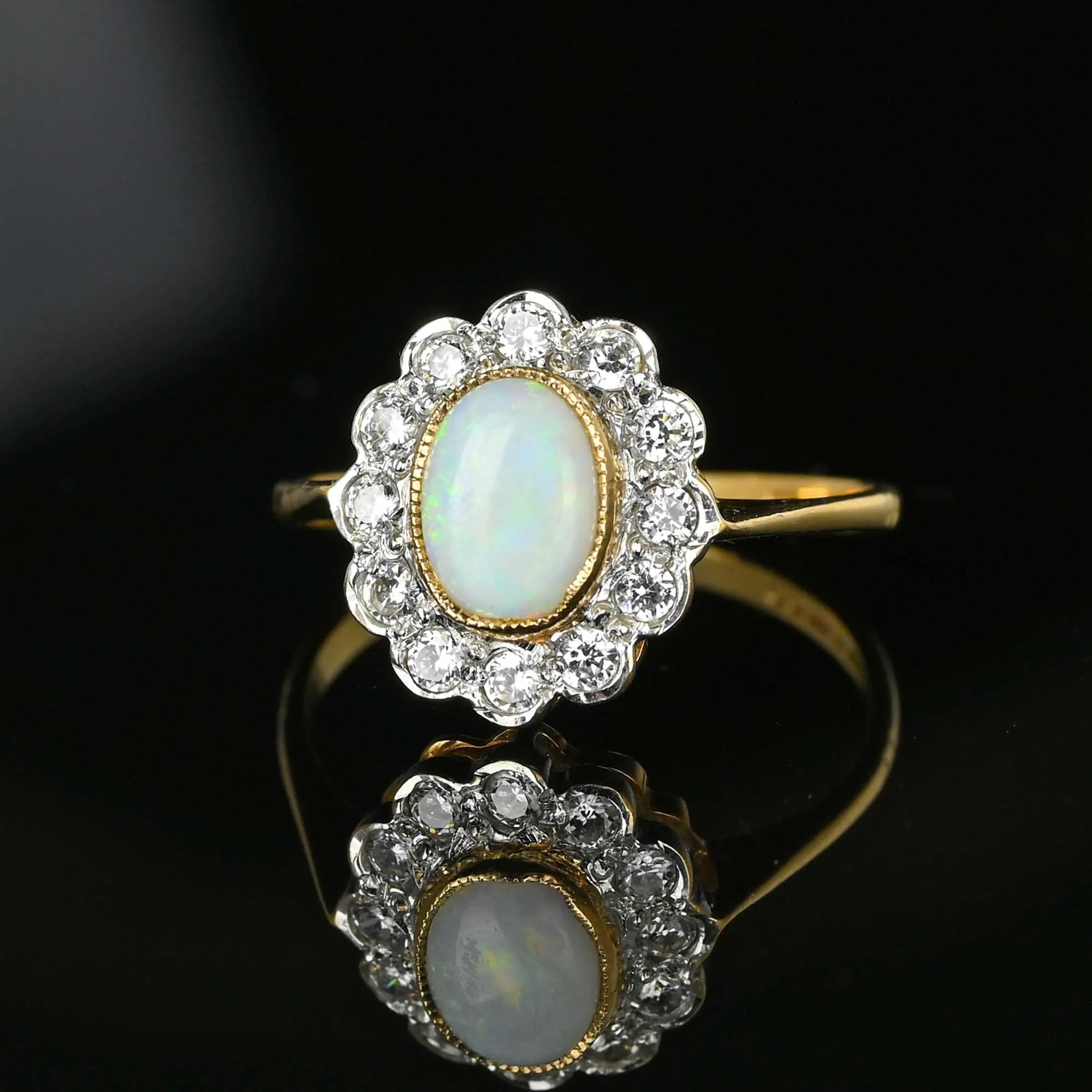 Vintage Diamond Halo Cluster Opal Ring in Gold