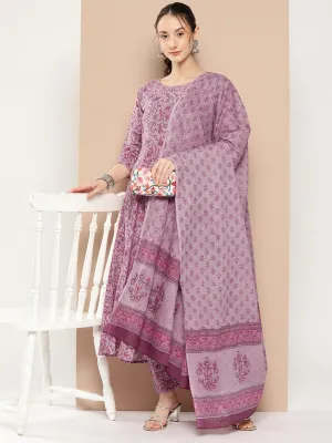 Women Lavender Floral Printed Kurta With Trouser And Dupatta