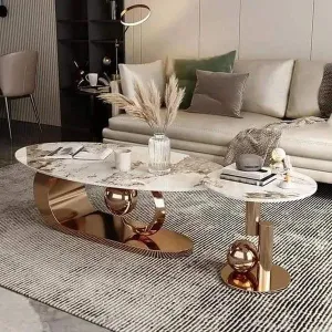 Wooden Twist Poncy Modern Coffee Table Marble Top and Golden Finish for Elegant Living Room